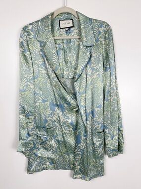 Alexis Satin Wrap Collared Tunic Shirt Lounge Blue Damask